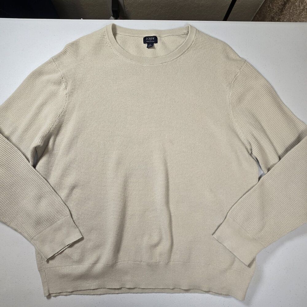 J Crew Sweater Mens Large Light Beige Waffle Knit Crewneck Cotton Eco Gorpcore